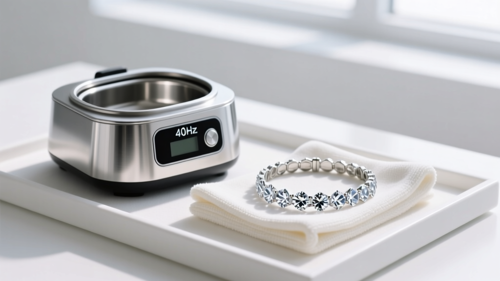 Ultratic cleaner set to 40kHz beside a microfiber cloth and a crushed diamond tennis bracelet on a clean white jeweler's workbench.