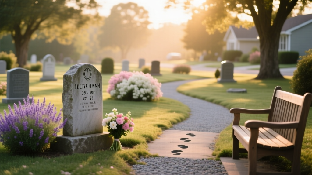 A quiet, well-maintained pet cemetery with engraved stones, flowering shrubs, and walking paths under soft sunlight