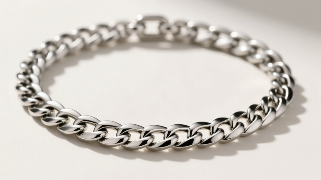 Overhead shot of a heavy 5mm 316L stainless steel Cuban link necklace, demonstrating interlocking flat-filed geometry and clasp.