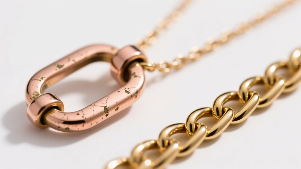 Close-up of faded brass rose gold plated necklace clasp next to pristine gold-filled chain link under bright studio lighting.