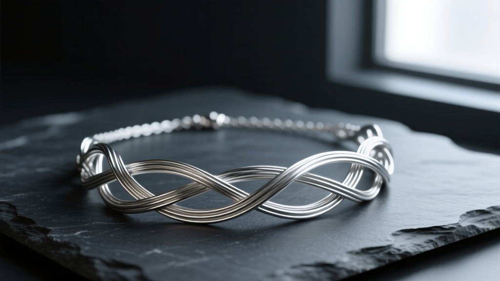 Close-up of a sculptural messy necklace made of tangled 24-gauge dead-soft sterling silver wire resting on dark slate.