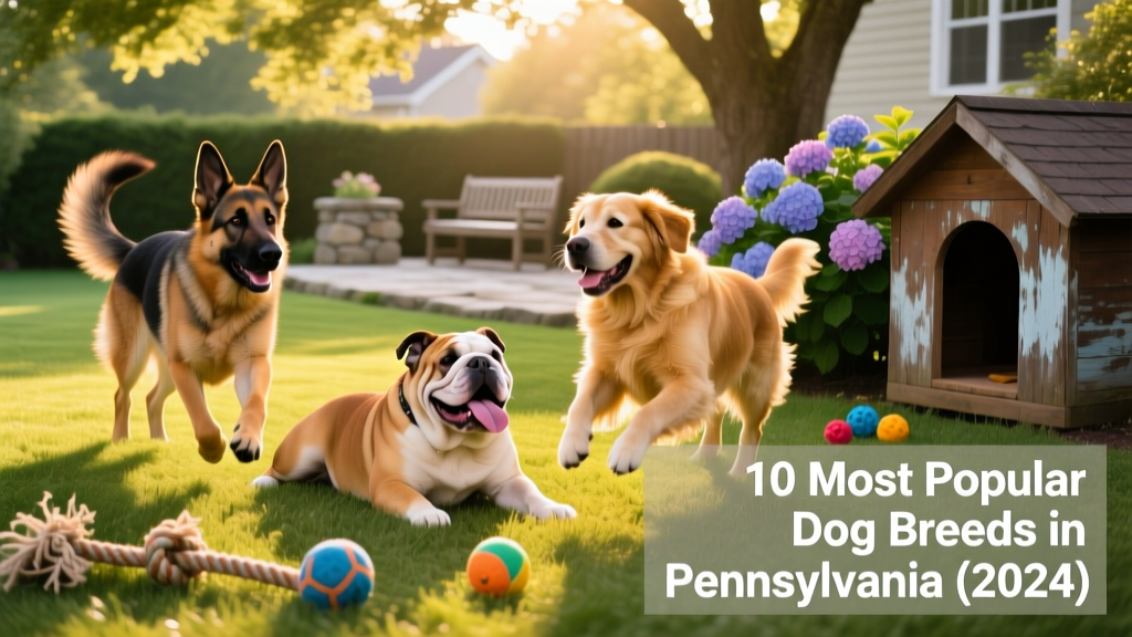 A joyful mix of popular dog breeds—German Shepherd, Bulldog, and Golden Retriever—playing together in a sunlit Pennsylvania backyard