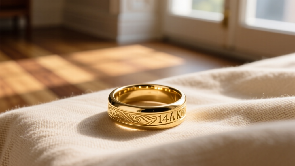Macro shot of a 14k gold plated brass ring on soft beige linen, bathed in warm natural morning sunlight from a nearby window.