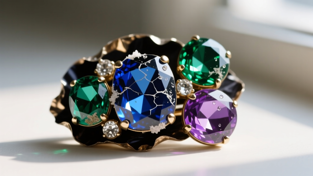 Macro view of a 1960s rhinestone brooch showing moisture damage, with dark foil backing visible behind the faceted glass stones.
