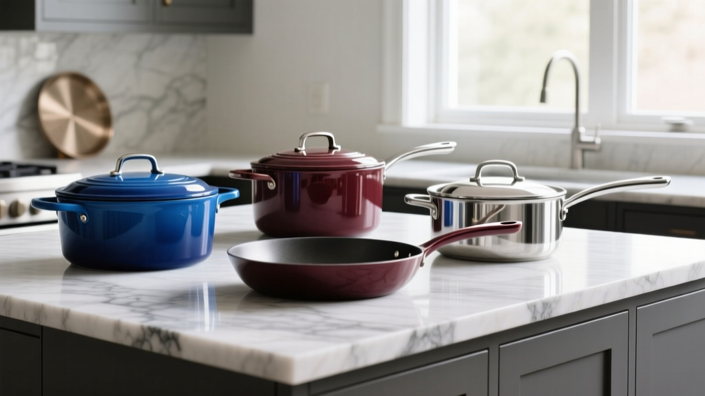 Surgical stainless steel and enameled cast iron cookware arranged on a custom fabricated quartzite kitchen island countertop