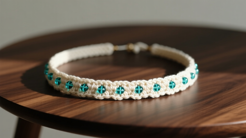 A handmade crochet necklace featuring ivory mercerized cotton yarn and turquoise glass seed beads resting on a dark wood table