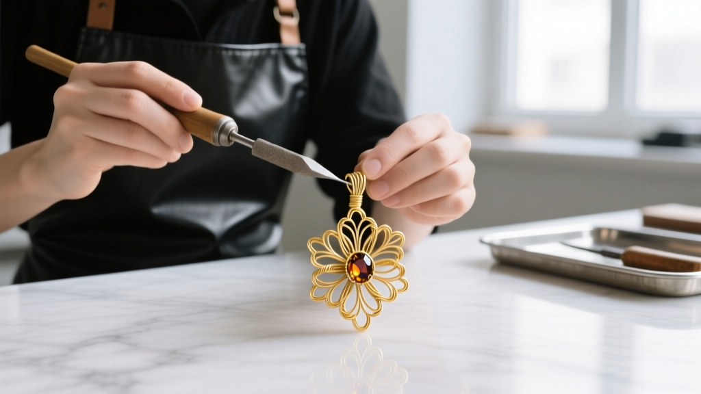 Jeweler using a burnishing tool to work-harden and smooth the sharp wire ends on a delicate gold-filled wire wrapped floral pendant