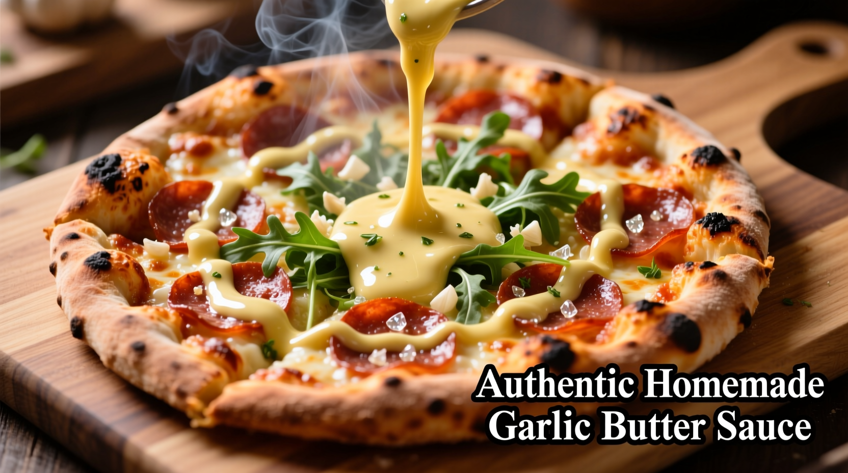 Homemade garlic butter sauce drizzled over fresh pizza