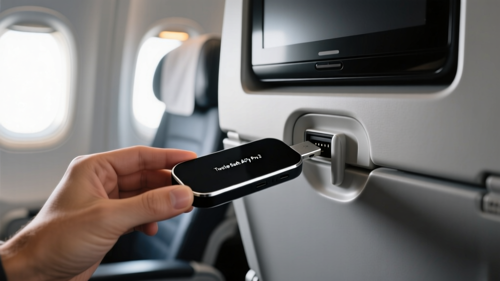 Close-up of a traveler plugging a Twelve South AirFly Pro 2 Bluetooth transmitter into an airplane seatback entertainment screen port.