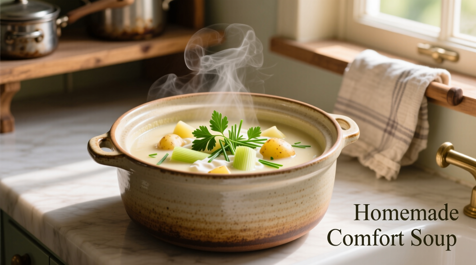 Creamy leek and potato soup in crock pot with fresh herbs