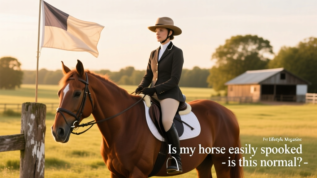 A confident rider sitting tall and relaxed while their horse stands calmly beside a fluttering flag