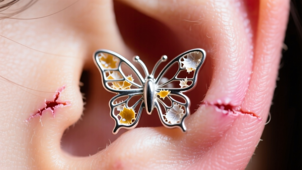Macro view of a butterfly earring back trapping sebum and skin cells against a healing earlobe under bright studio lighting