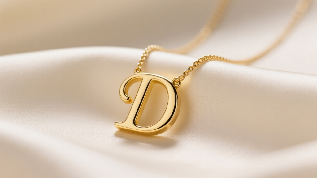 14k yellow gold letter D necklace on cream silk, soft lighting highlighting the polished serif font and delicate 1mm cable chain.