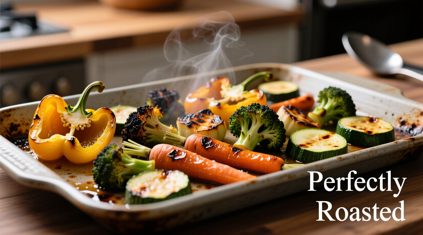 Perfectly roasted frozen vegetables on baking sheet