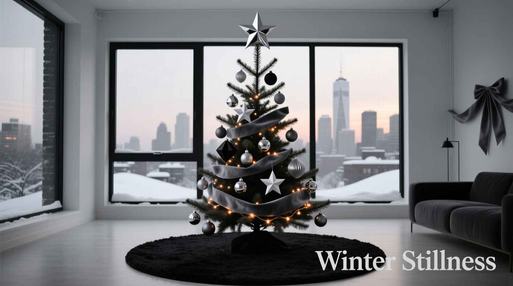how to style a christmas tree for a monochrome loft while keeping it visually engaging