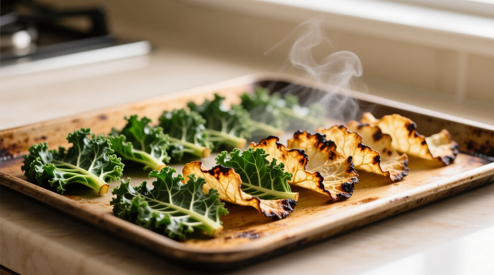 Perfectly roasted kale chips on baking sheet
