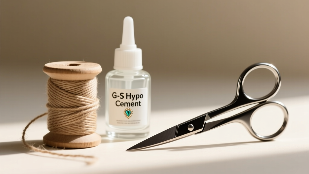 Close-up of a 2mm waxed hemp cord spool next to a glass bottle of G-S Hypo Cement jewelry glue and sharp embroidery scissors.