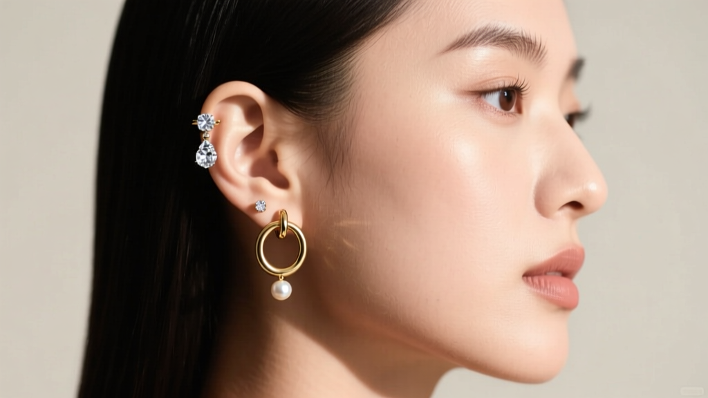 Side profile of a model showcasing a three-piercing lobe stack with a diamond drop, a plain gold huggie, and a small pearl stud