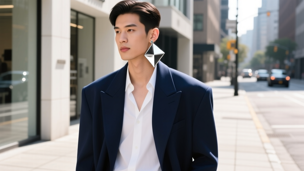 Street style photo of a man in an oversized blazer wearing an asymmetrical geometric silver dangle earring, urban daytime setting