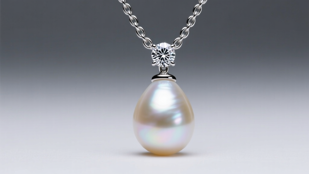 Macro shot of a diamond bail connecting a large teardrop pearl to a 1.5mm platinum box chain under bright studio lighting