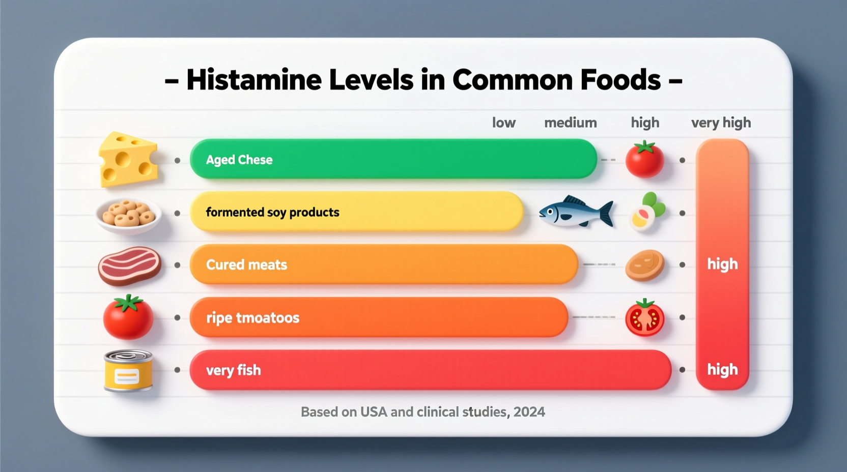 Colorful chart of histamine levels in common foods