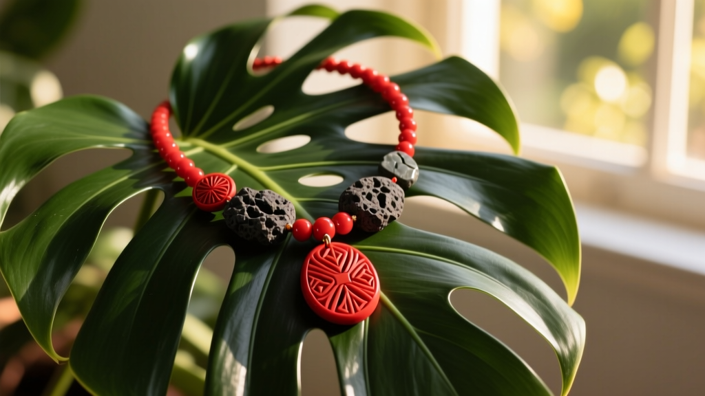 Close-up of a vibrant red Samoan necklace with carved volcanic stone pendants resting on dark green monstera leaves in sunlight
