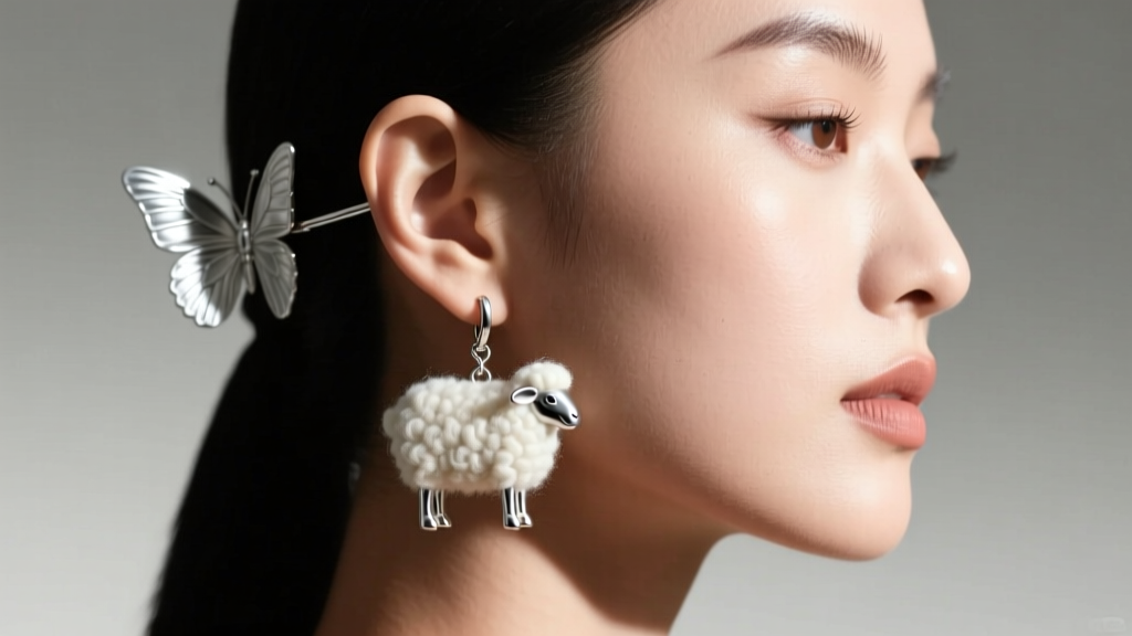 Side profile of a woman wearing delicate silver dangle sheep earrings, showing intricate wool texture and secure butterfly backings