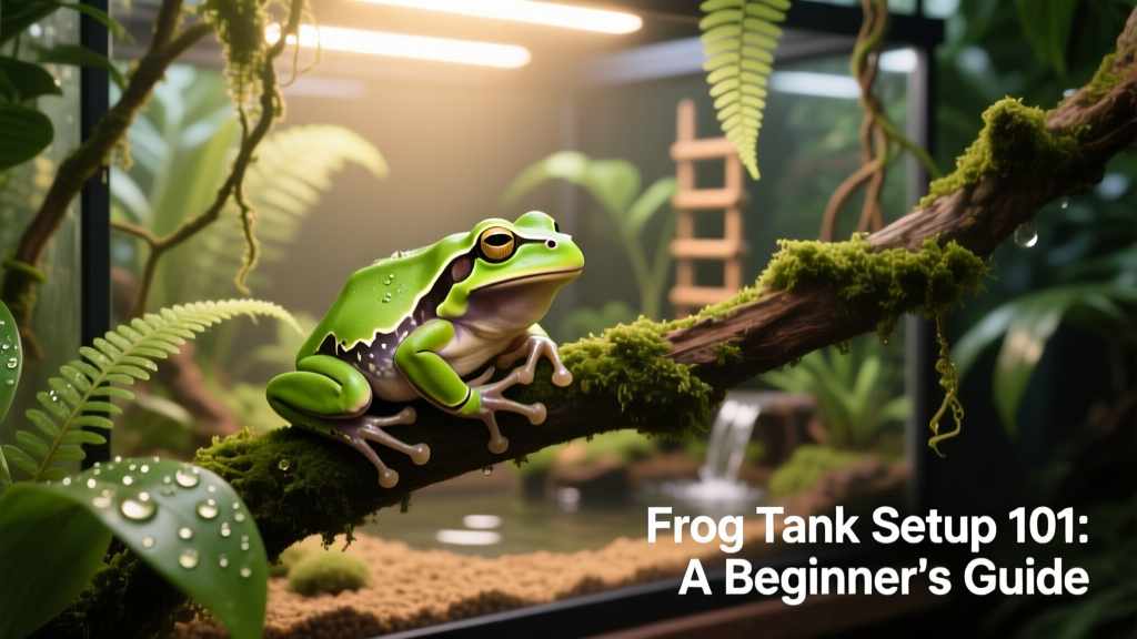 Frog perched on a branch under gentle LED and UVB lighting in a lush, planted vivarium