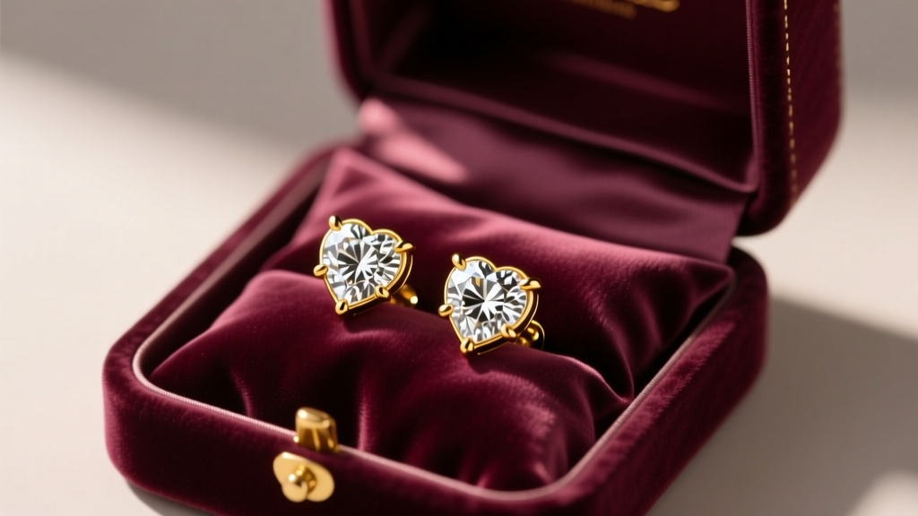 Elegant velvet box opened to reveal 18k yellow gold heart diamond stud earrings on a satin pillow, romantic dim lighting.