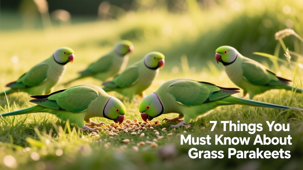 A group of grass parakeets feeding on grassy ground, showing their natural green plumage and slender build