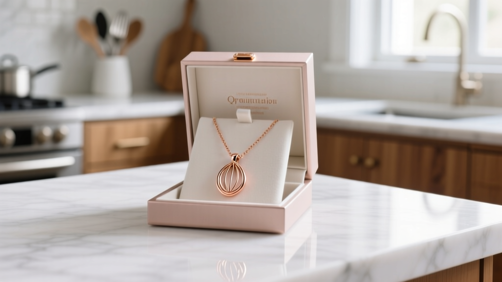 Open jewelry box revealing a rose gold culinary whisk skills necklace, presented as a graduation gift on a bright marble counter