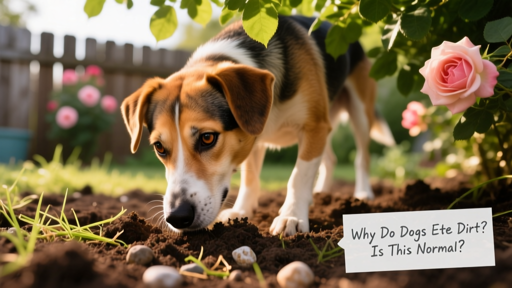 Close-up of a curious dog sniffing soil in a backyard garden