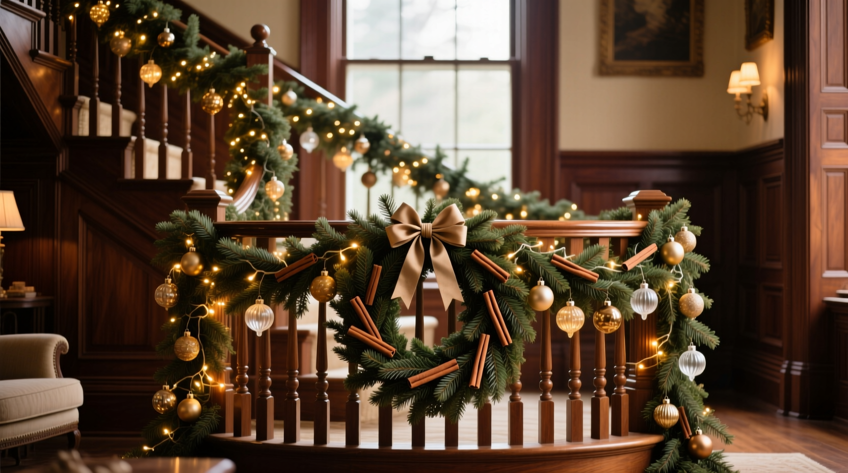 how to layer christmas garlands around banisters for maximum visual effect