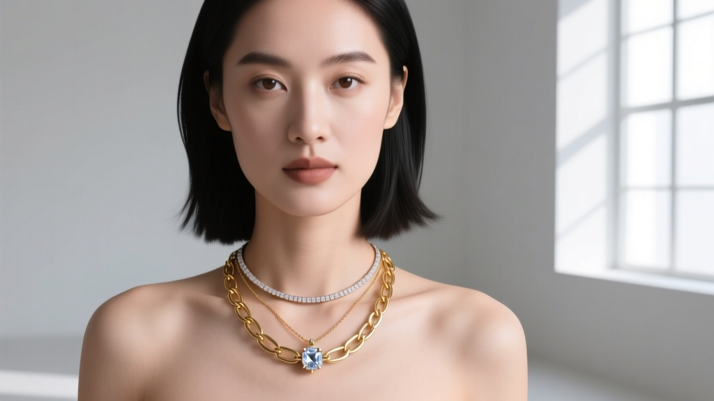 Woman wearing a layered stack with a delicate 16-inch bezel pendant necklace paired with a 20-inch textured gold paperclip chain