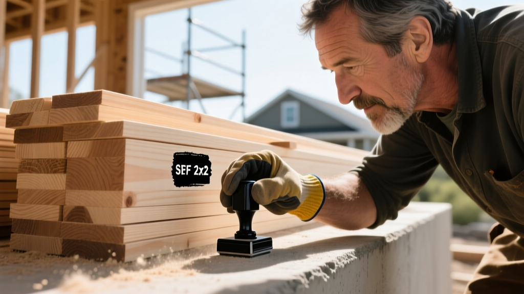 Close-up of a carpenter inspecting the black ink grade stamp on a stack of kiln-dried SPF 2x4 framing lumber at a residential construction site