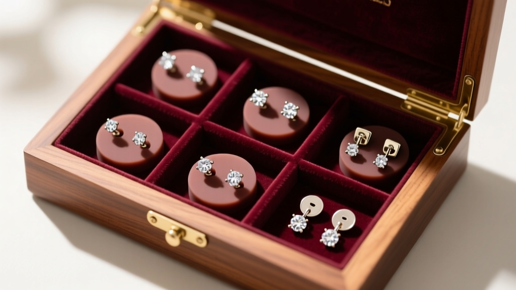 Top-down view of velvet-lined wooden earring storage box with dedicated silicone inserts securing small diamond studs and backs
