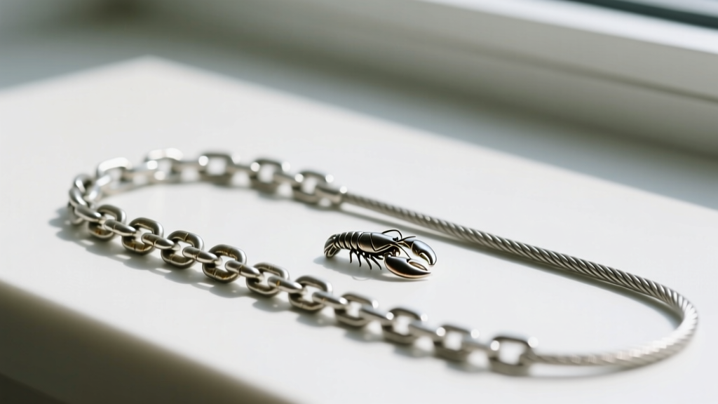 Macro shot of a 2.0mm oxidized silver rolo chain beside a 1.2mm cable chain, showing interlocking links and a small lobster clasp.