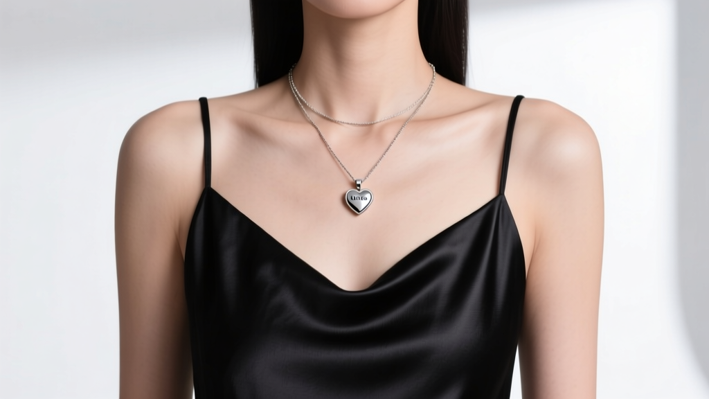 Model wearing a layered stack featuring a small Movado heart pendant on a 16-inch cable chain over a black silk camisole top.