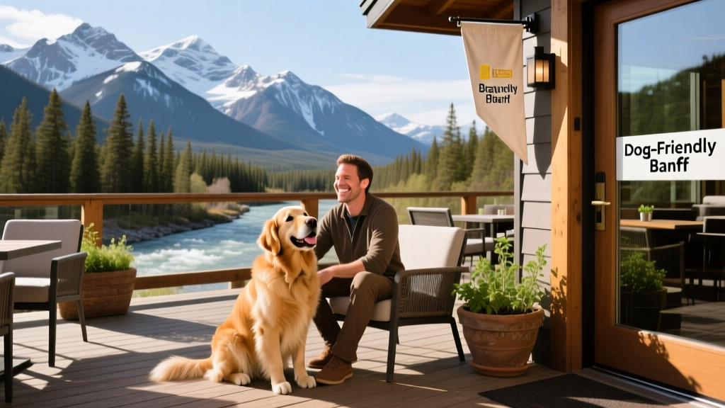 A happy dog sitting beside its owner on a sunny, heated patio at a mountain-view restaurant in Banff