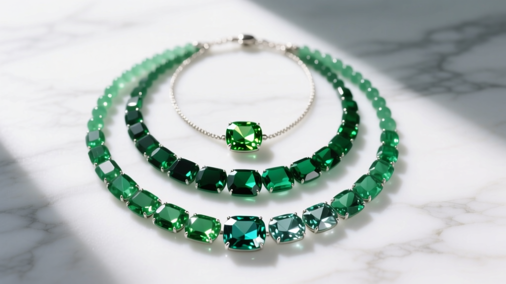 Flat lay of three layered green gemstone necklaces with peridot, emerald, and chrome diopside on white marble in bright daylight