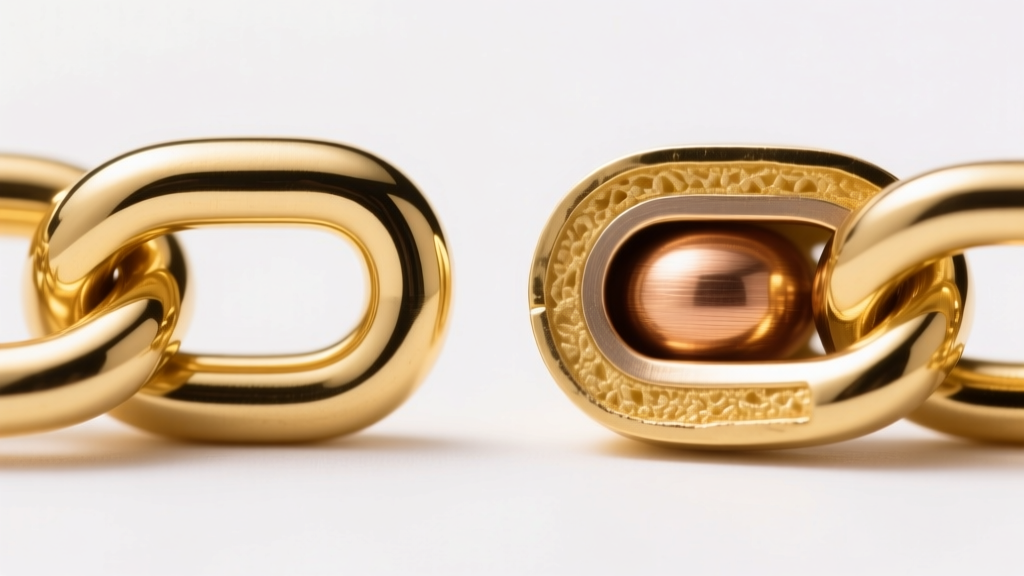 Extreme close-up cross-section view comparing a solid 14k gold chain link next to a brass-core 14k gold filled chain link