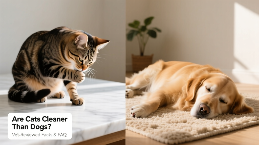 Side-by-side comparison showing a cat grooming itself on a clean surface and a dog lying comfortably on a rug