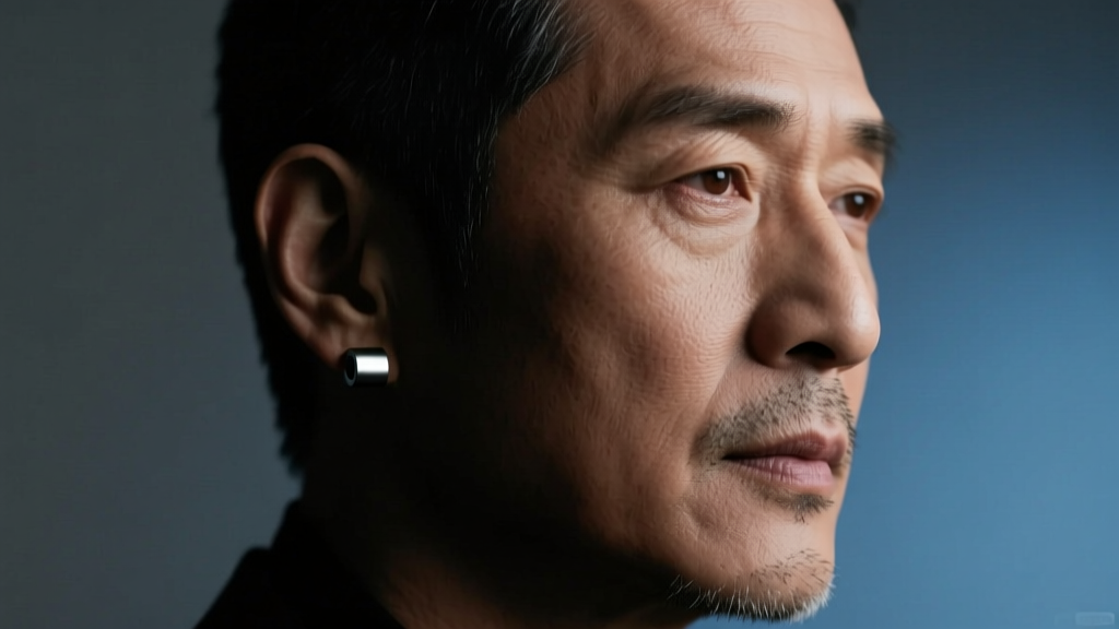 Cinematic portrait of a man wearing a minimalist matte titanium stud in his left ear lobe, illuminated by moody studio lighting