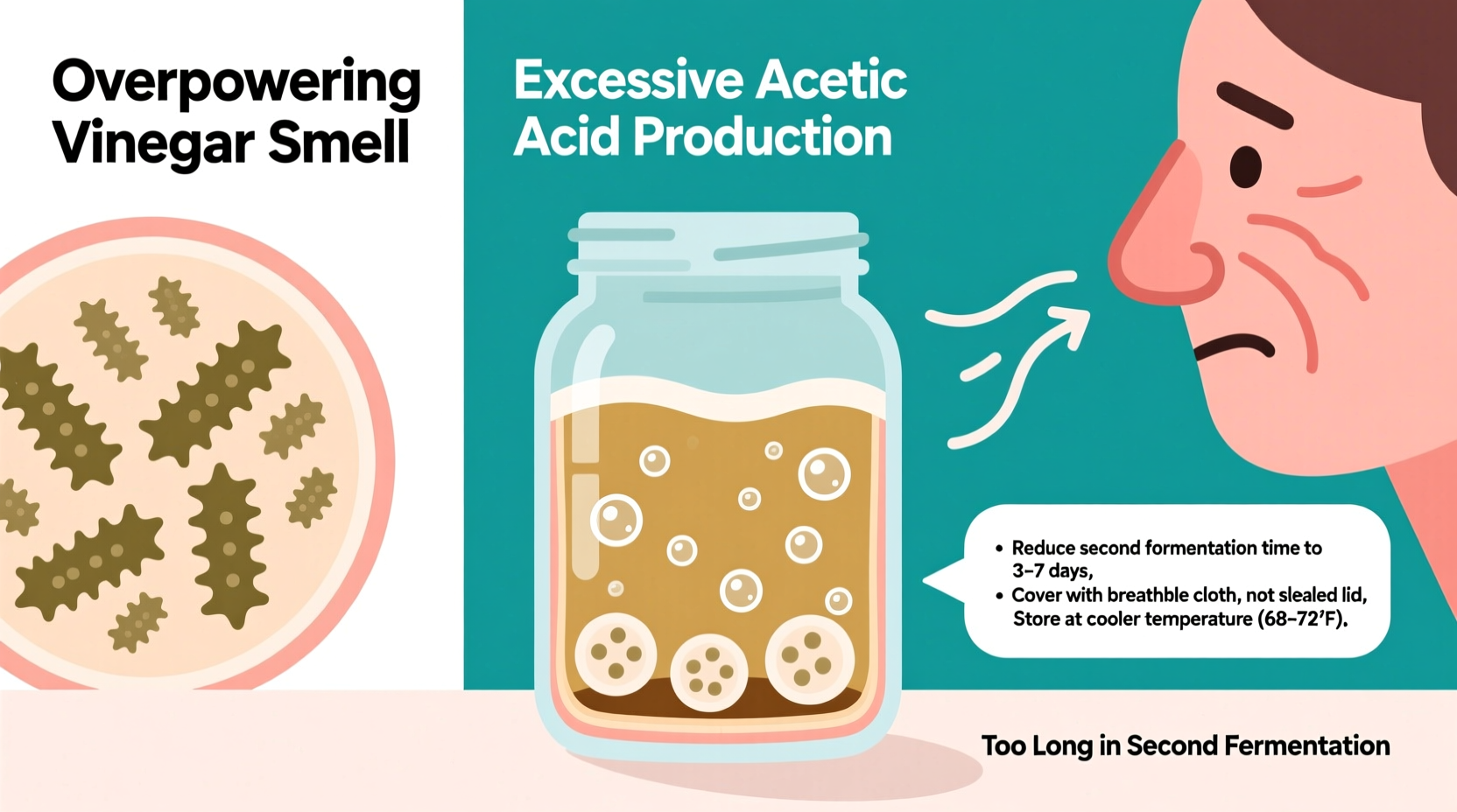 why does my kombucha vinegar smell overpowering and how to adjust second fermentation
