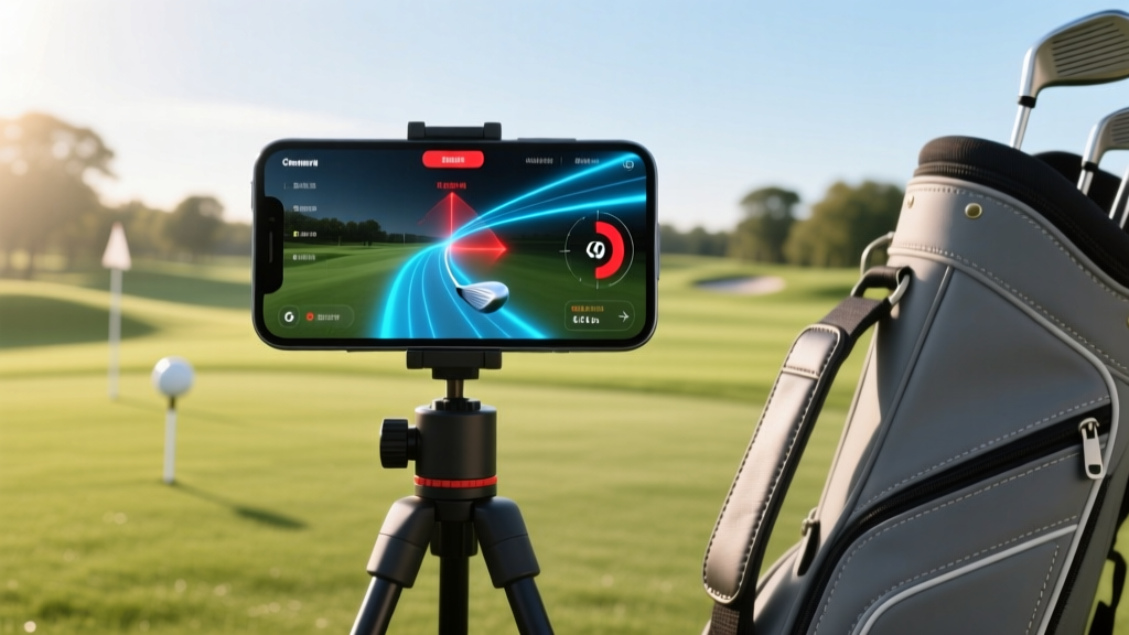 A smartphone mounted on a driving range tripod displaying real-time 3D swing path and clubface angle data next to a golf bag.
