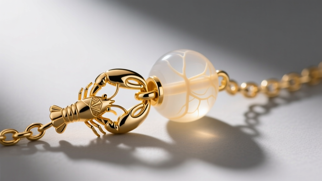 Macro photography of a 14k gold lobster clasp attaching to a silicone necklace spacer bead, preventing chain migration on the skin.