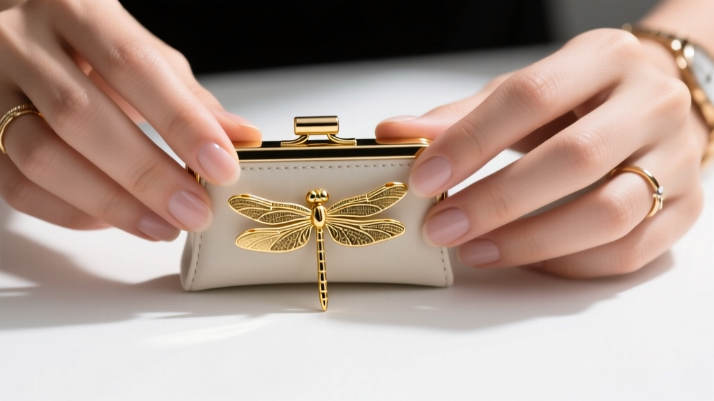 Close-up of hands attaching a secure La Pousette locking clutch to a heavy gold dragonfly earring post on a clean white mat