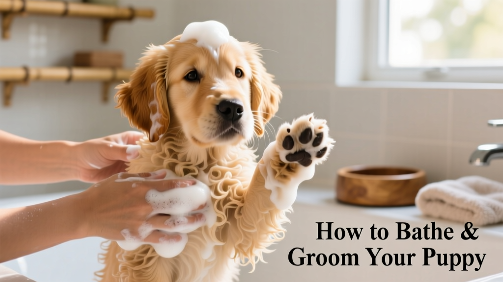 Close-up of hands lathering FurPetVo puppy shampoo into a golden retriever puppy's soft, curly coat