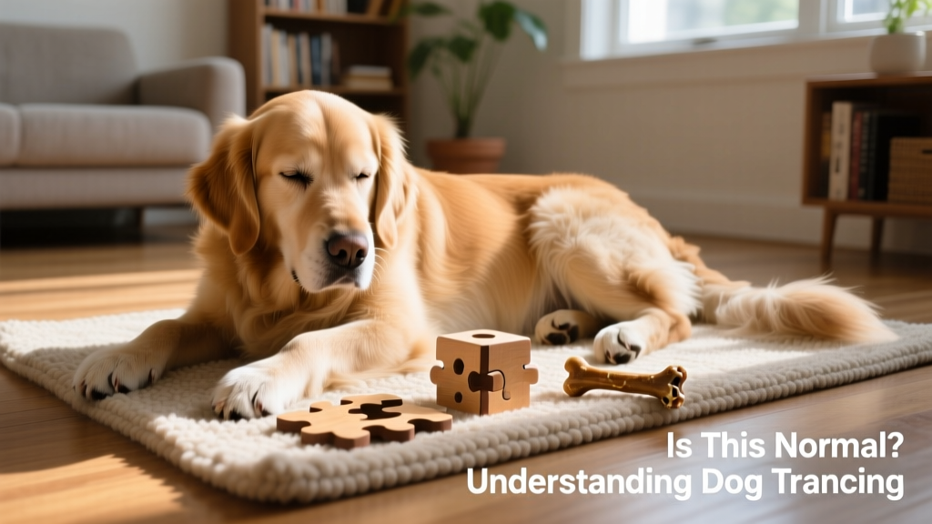 A happy, relaxed dog lying on a cozy mat beside a puzzle toy and chew bone
