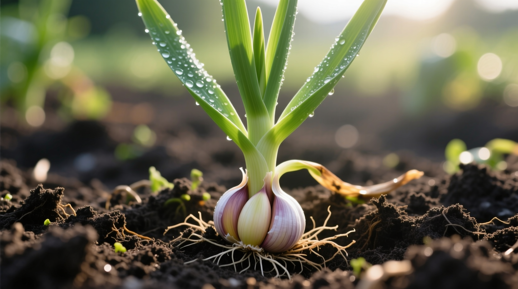 Garlic plant growing in garden soil showing leaves and developing bulb